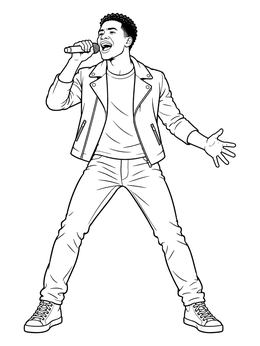 A rock vocalist performs energetically on this music coloring page.