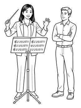 A woman directs music beside a sheet stand on this teacher coloring page.