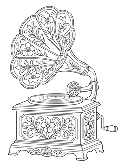 An ornate vintage phonograph in a music coloring page with detailed floral carvings.