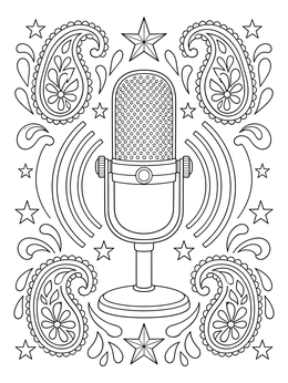A vintage microphone surrounded by ornate paisley designs in this music coloring page.