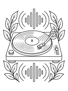 A retro turntable with a spinning record and sound waves in this music coloring page.