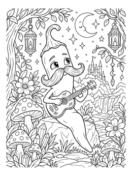 A mustache chili peppers coloring page character plays a guitar under a crescent moon.