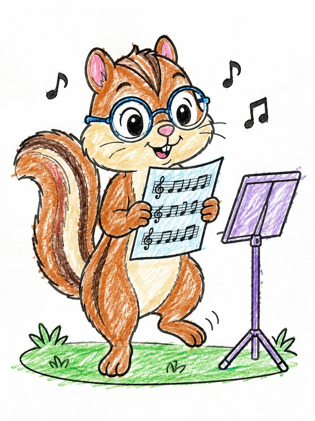 Colored example of the Musical Chipmunk Singing From Sheet Music coloring page