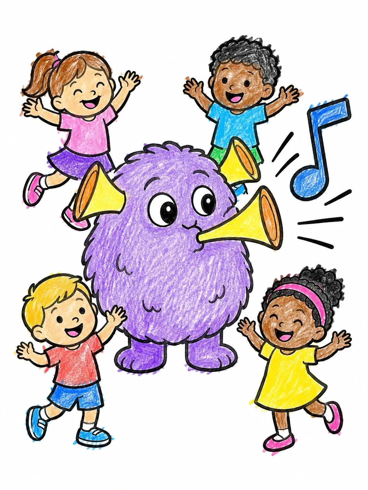 Colored example of the Musical Monster And Dancing Children coloring page