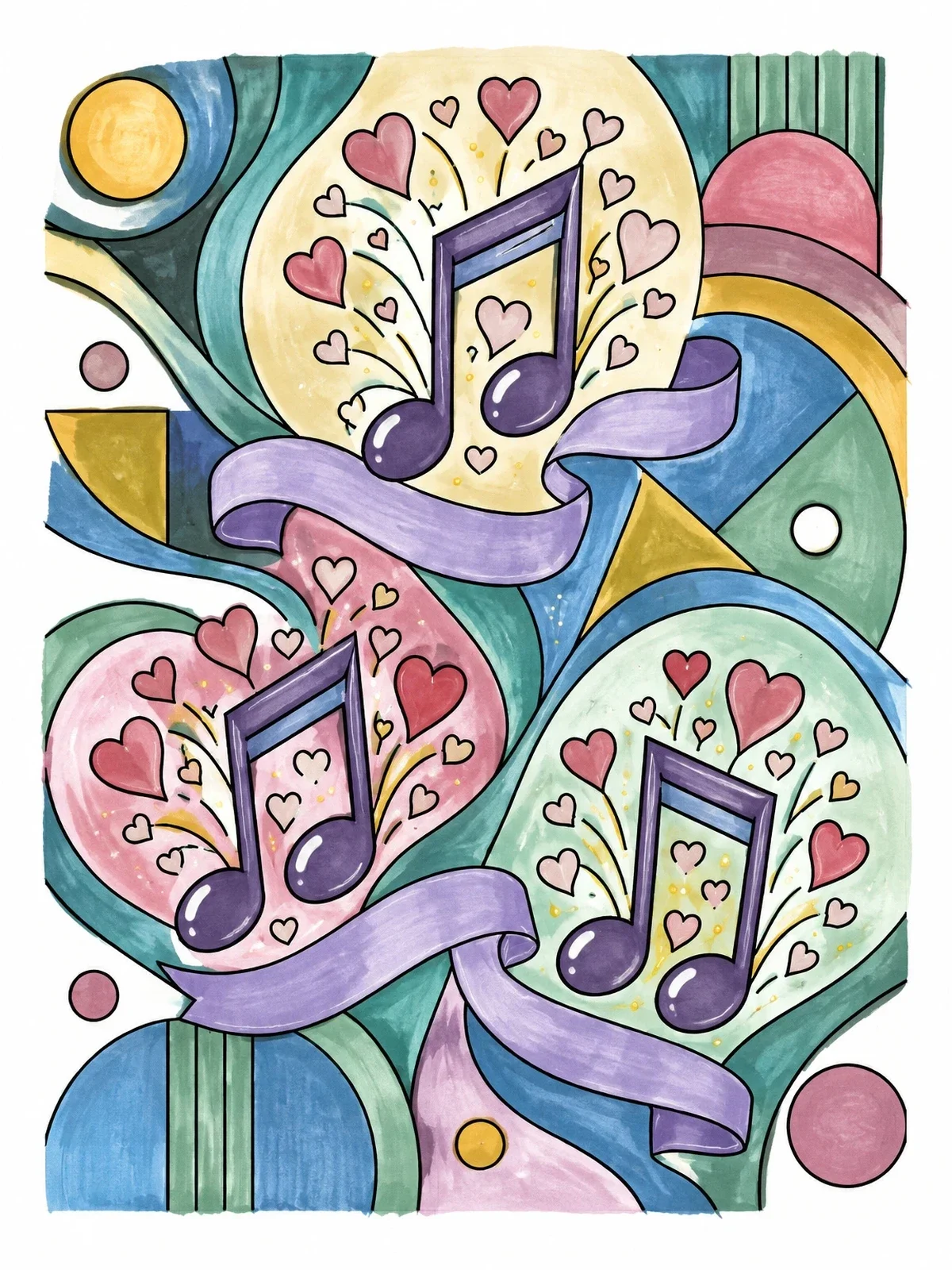 Colored example of the Musical Notes With Floating Hearts And Ribbons coloring page