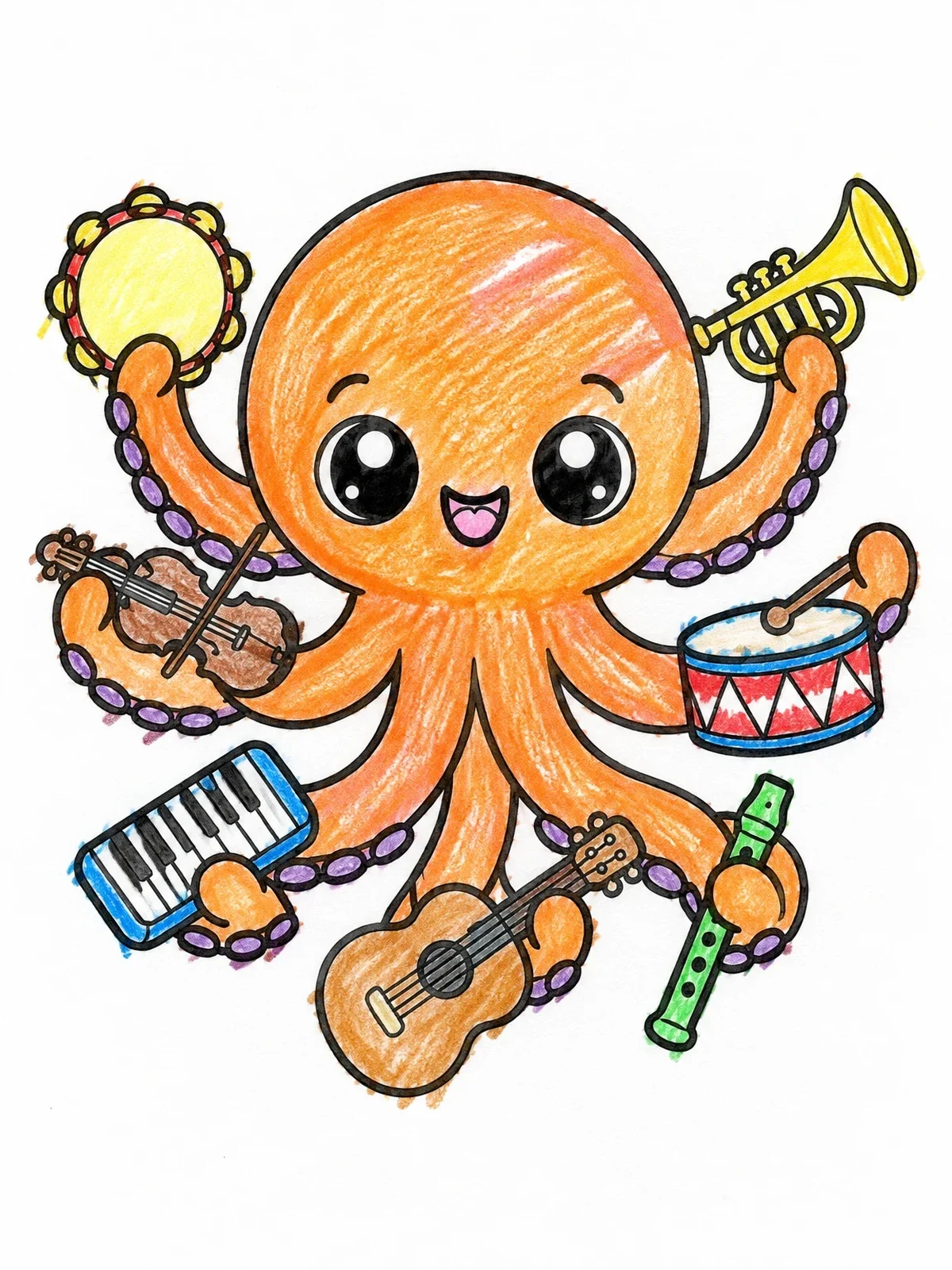 Colored example of the Musical Octopus One Man Band coloring page