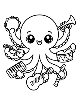Happy octopus coloring page playing various musical instruments with all eight arms.