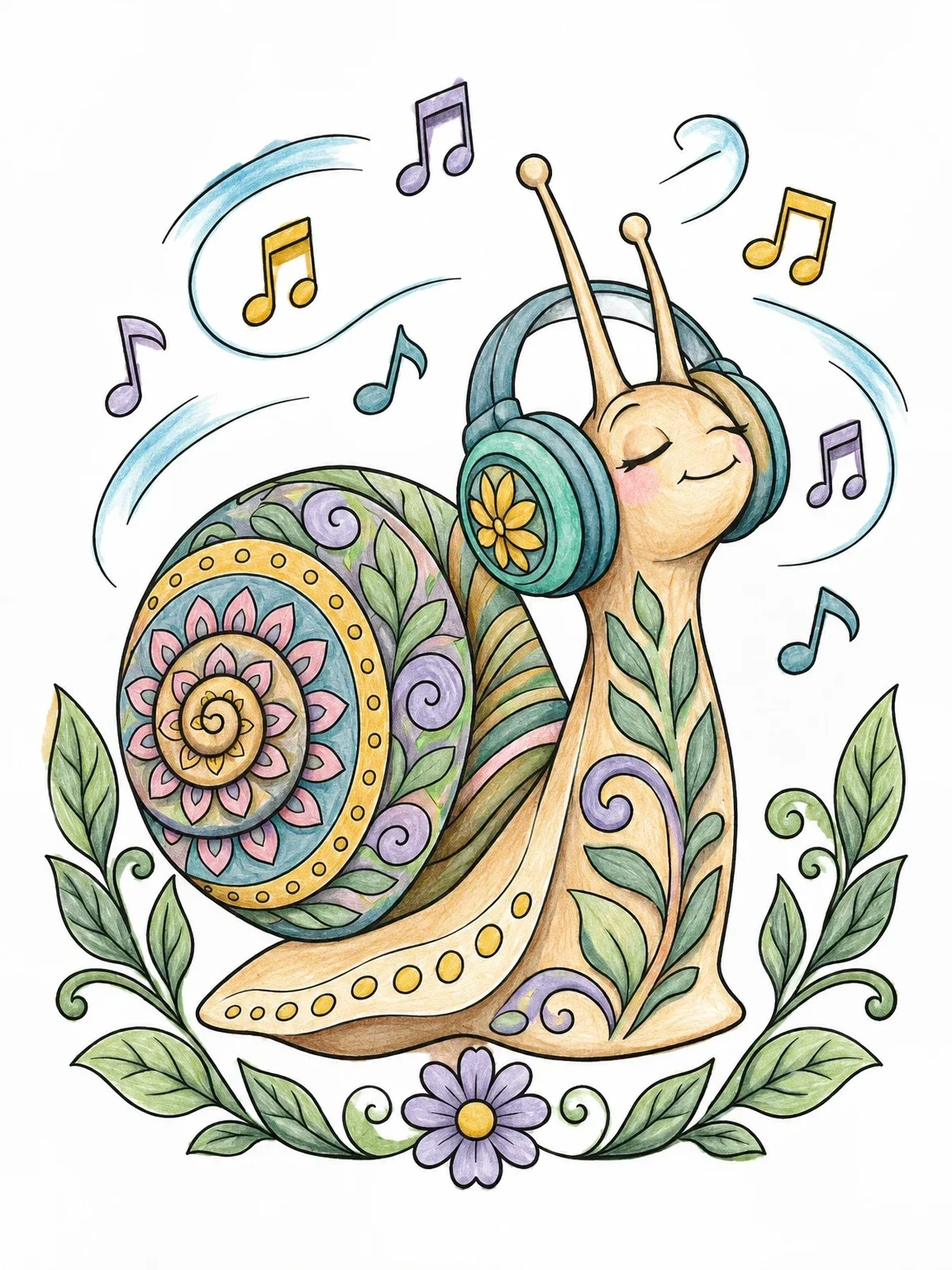 Colored example of the Musical Snail With Headphones coloring page