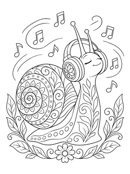 A cheerful snail coloring page with headphones listening to floating musical notes.