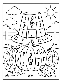 Free printable Musical Thanksgiving Pumpkins And Pilgrim Hat coloring page