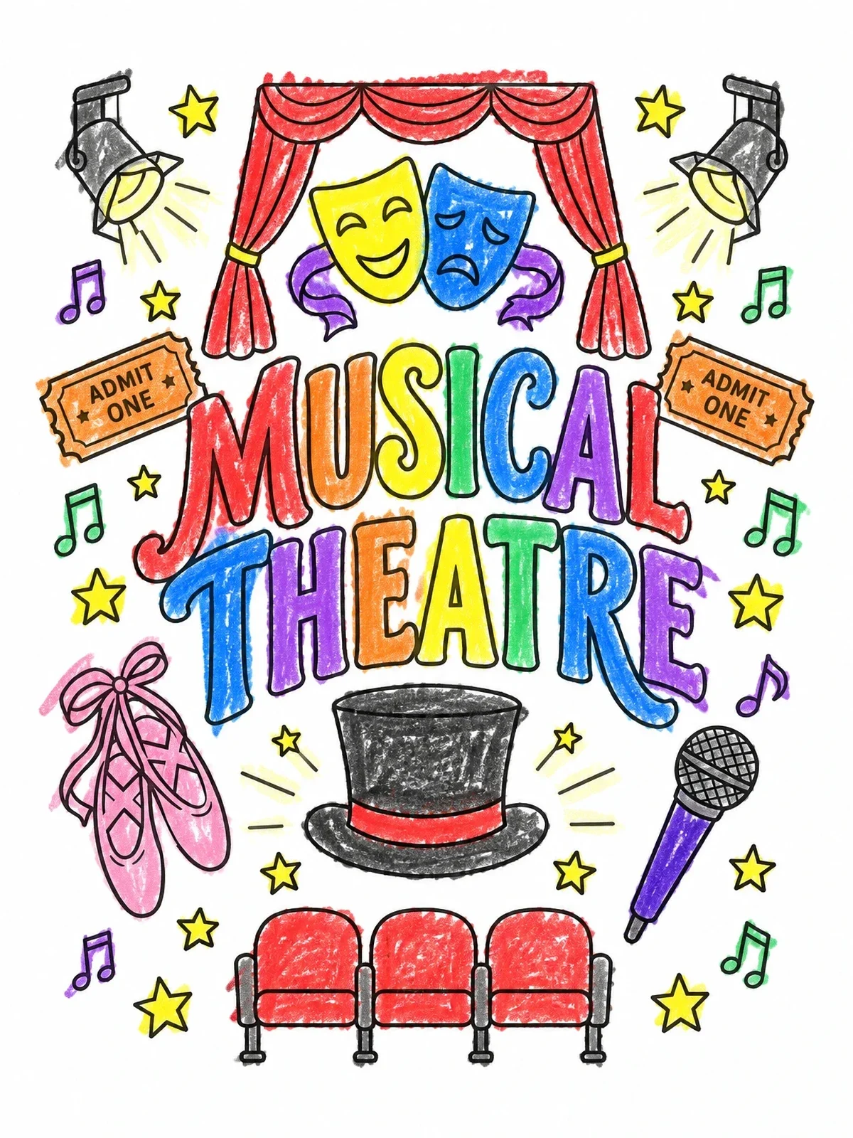 Colored example of the Musical Theatre Doodle Poster coloring page