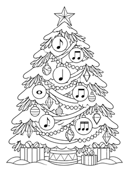 A decorated Christmas pine on this winter music coloring page featuring musical note baubles and gifts.
