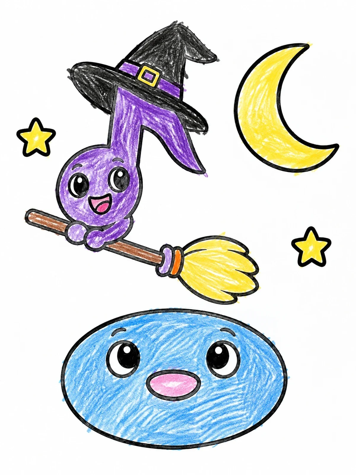 Colored example of the Musical Witch Note On Broomstick coloring page