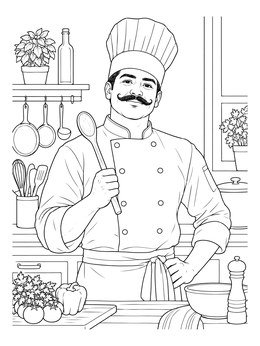 A smiling chef with a curled mustache in a kitchen features in this mustaches coloring page.