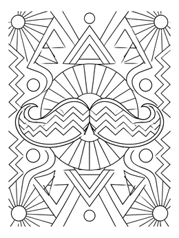 A stylish mustache set against sunbursts and zigzags on this mustaches coloring page.