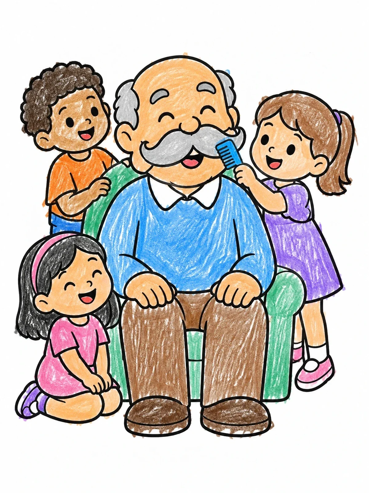 Colored example of the Grandfather And Grandchildren Combing Mustache coloring page