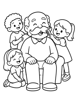 Free printable Grandfather And Grandchildren Combing Mustache coloring page