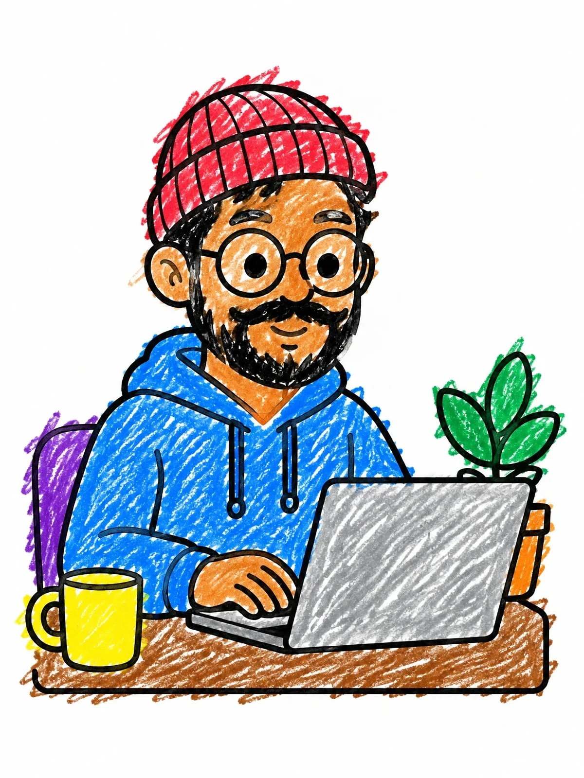 Colored example of the Man With Mustache Working On Laptop coloring page