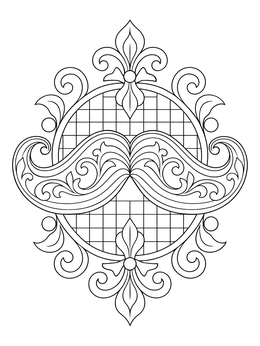 An ornate mustaches coloring page featuring elegant scrollwork and a tiled crest design.