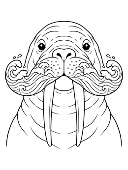 A mustaches coloring page featuring a friendly walrus with swirling ocean waves shaping its whiskers.