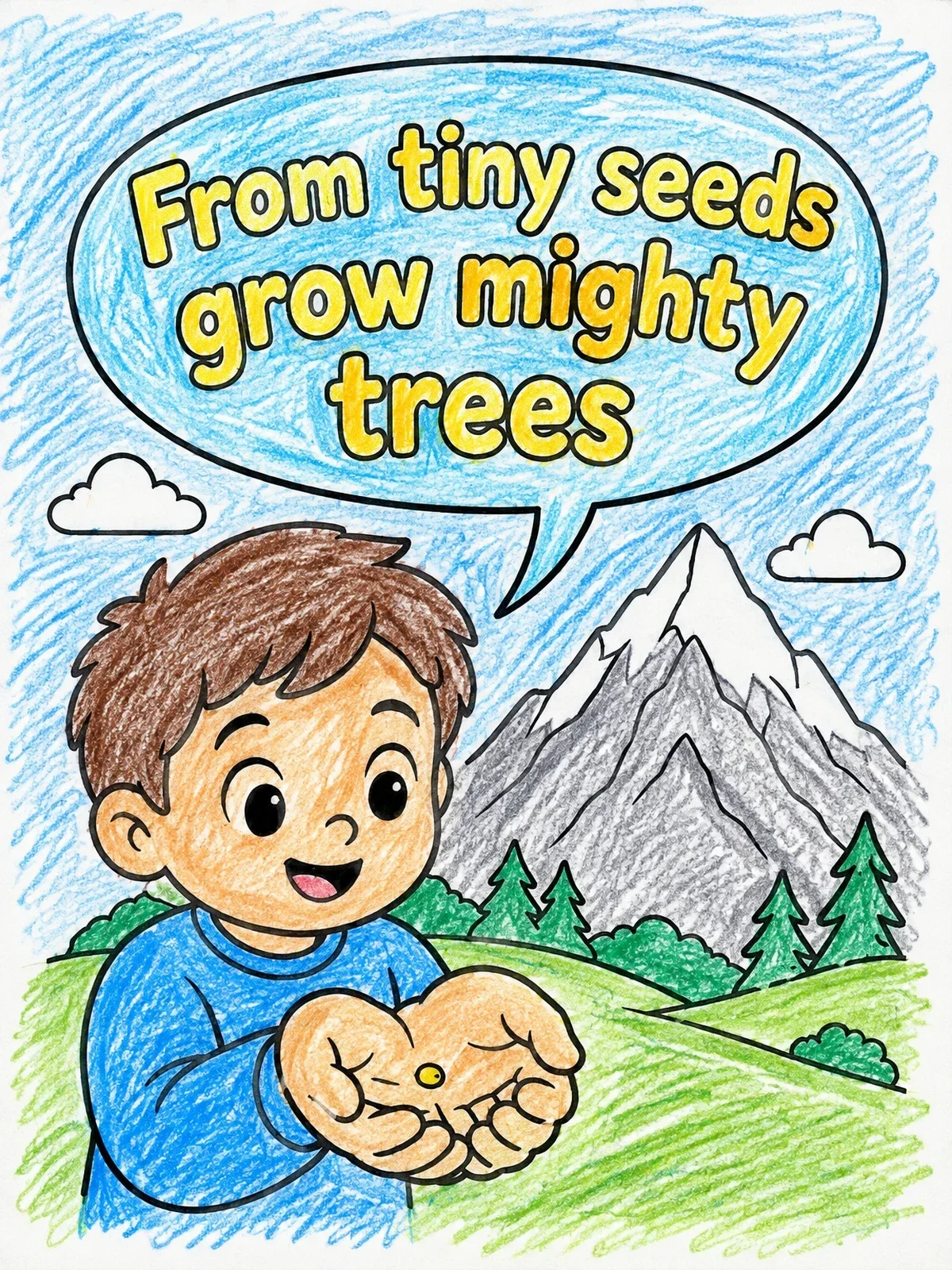 Colored example of the Boy Holding A Tiny Seed coloring page