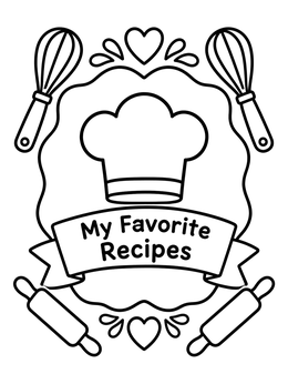 A cookbook coloring page featuring a chef hat, whisks, rolling pins, and a recipe banner.