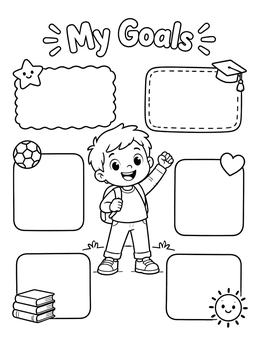 Free printable My Goals Chart With Cheerful Schoolboy coloring page