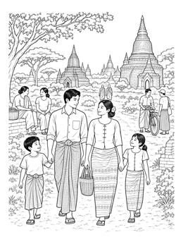 A family walks past ancient stupas in this detailed Myanmar coloring page.