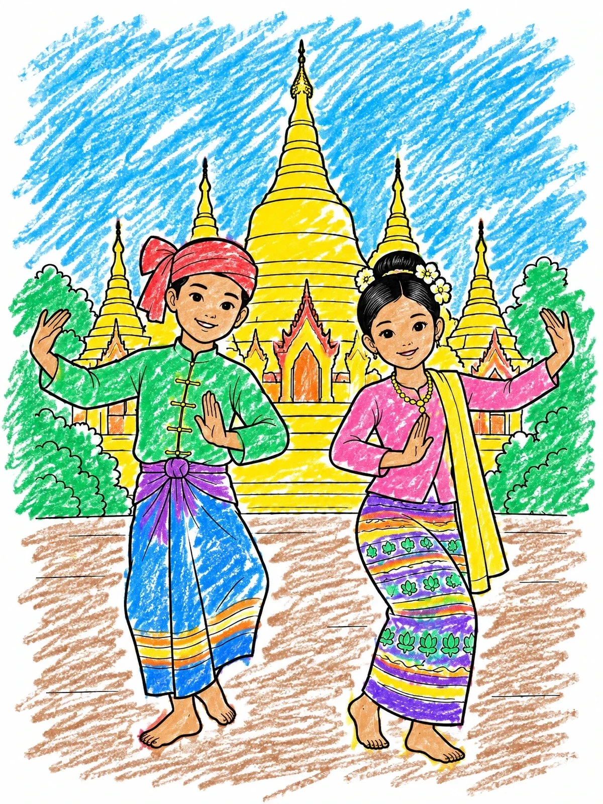 Colored example of the Traditional Burmese Dancers In Front Of Pagoda coloring page