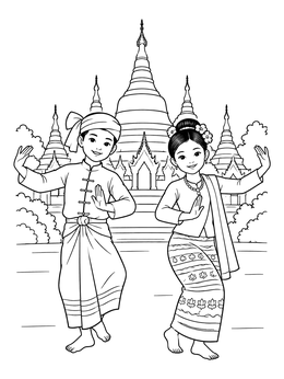 Free printable Traditional Burmese Dancers In Front Of Pagoda coloring page