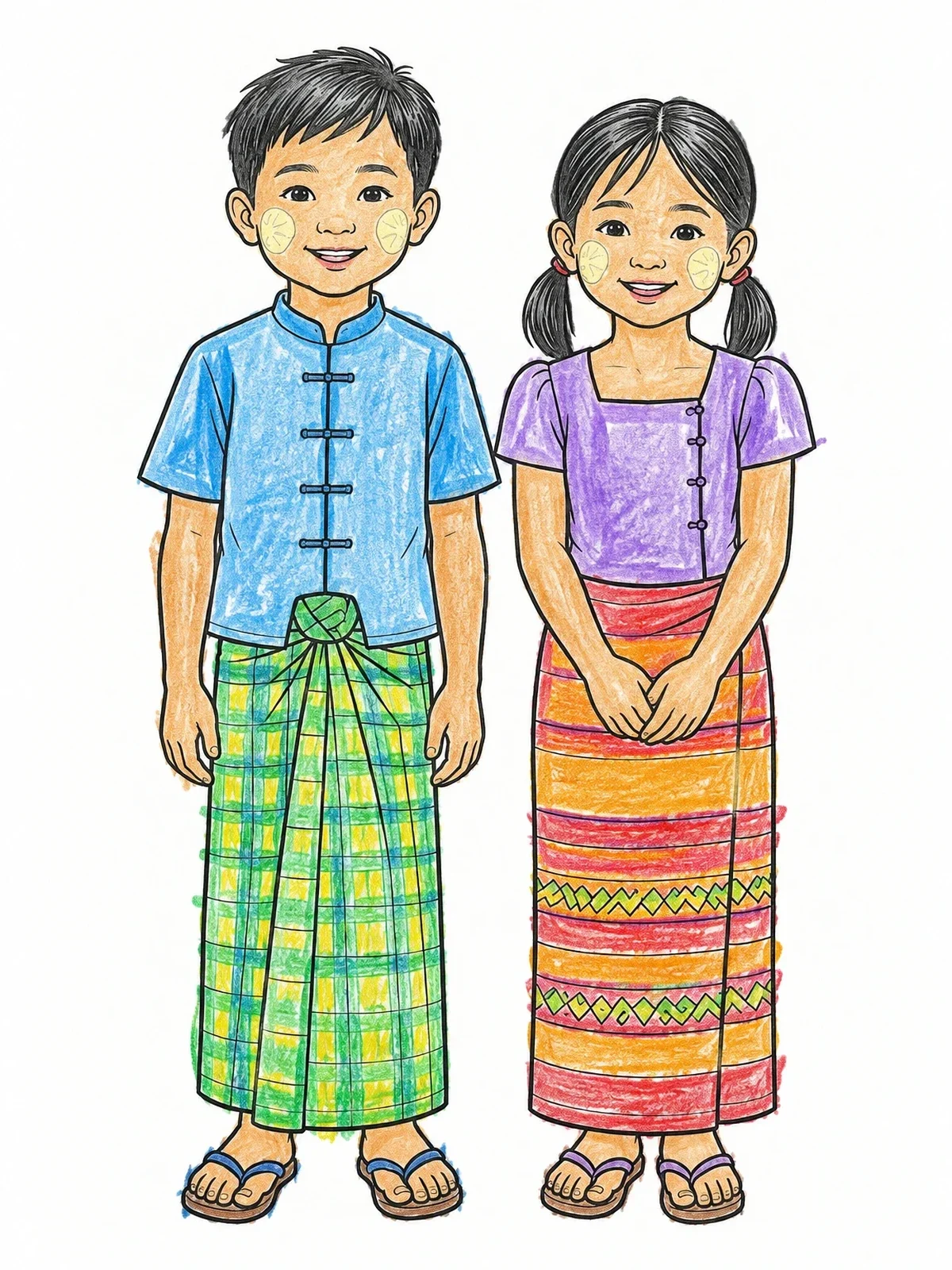 Colored example of the Myanmar Children In Traditional Longyi coloring page