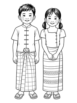 A myanmar coloring page showing smiling children in traditional longyi outfits with thanaka on cheeks.