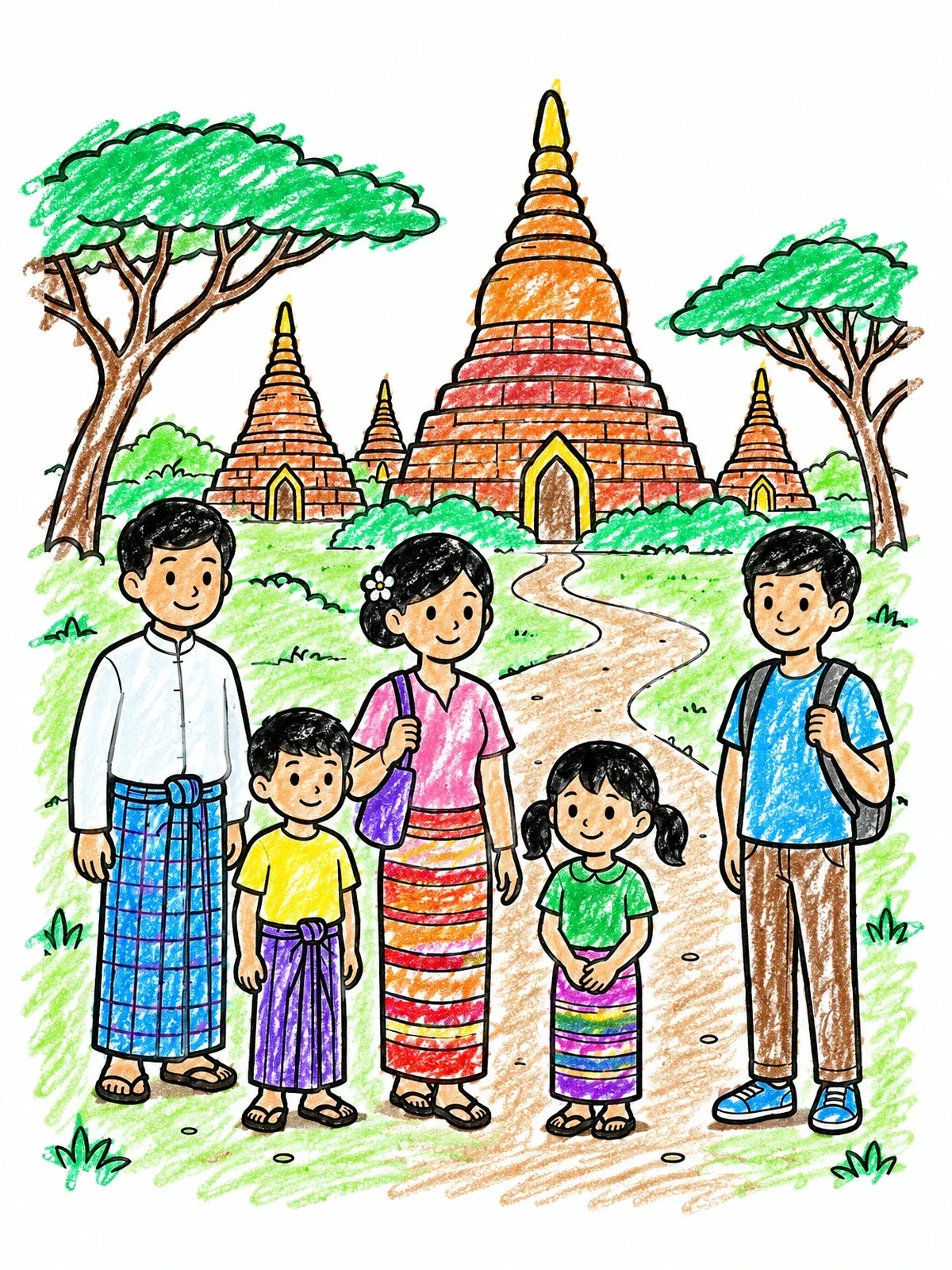 Colored example of the Family Visiting Ancient Bagan Temples coloring page
