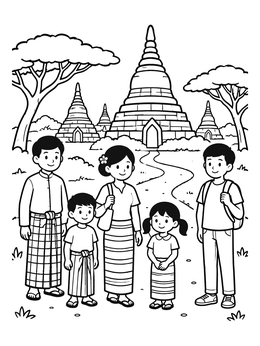 Free printable Family Visiting Ancient Bagan Temples coloring page