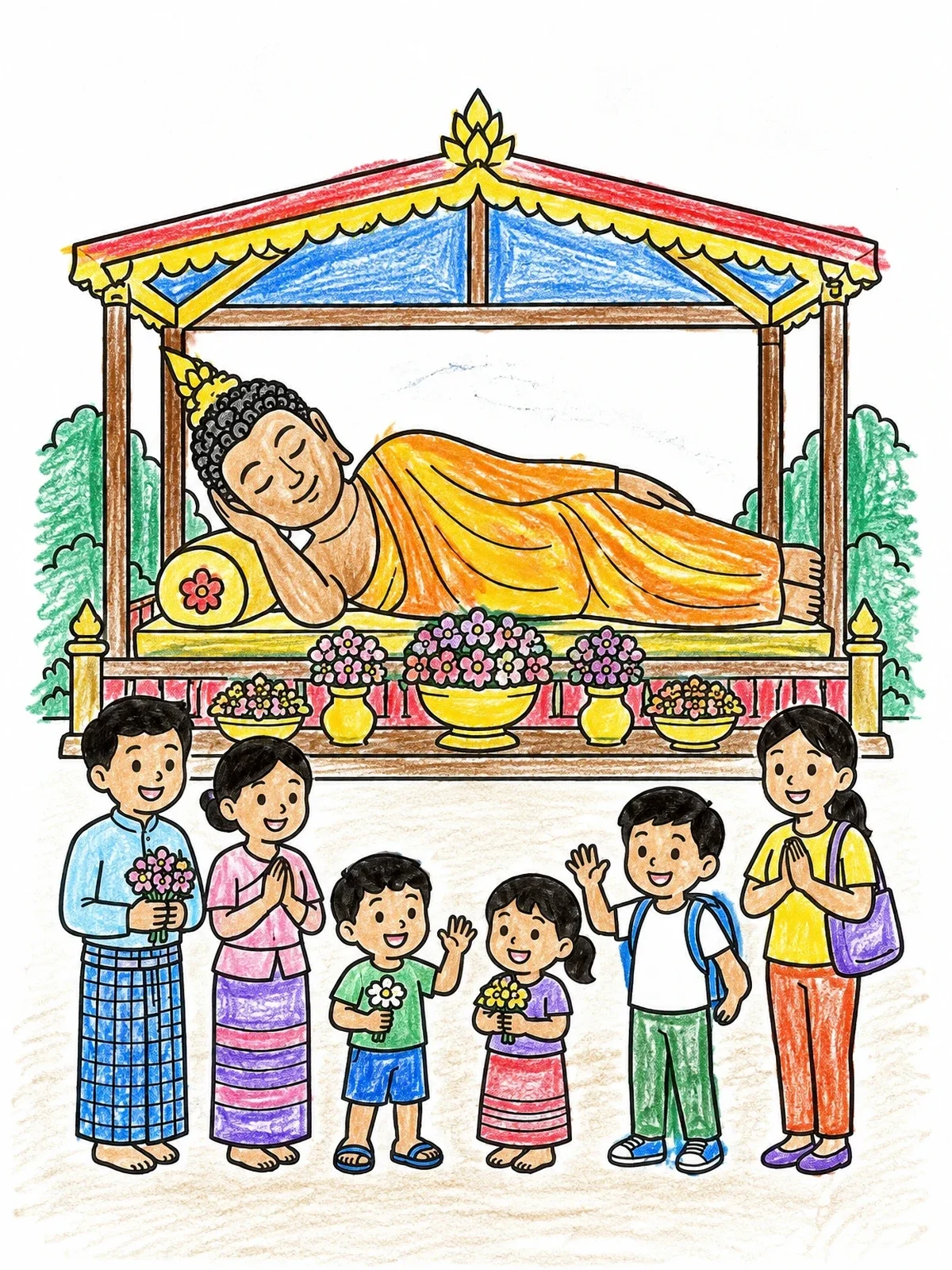 Colored example of the Family Visiting Reclining Buddha Shrine coloring page