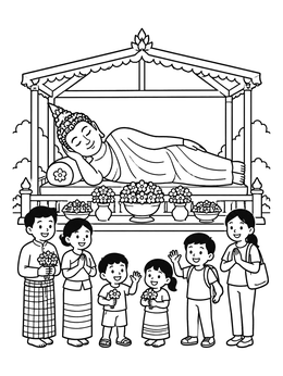 Free printable Family Visiting Reclining Buddha Shrine coloring page