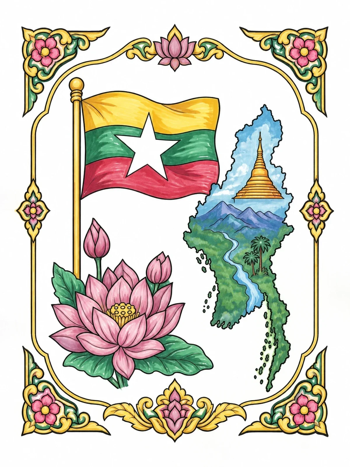 Colored example of the Myanmar Flag And Map With Lotus coloring page