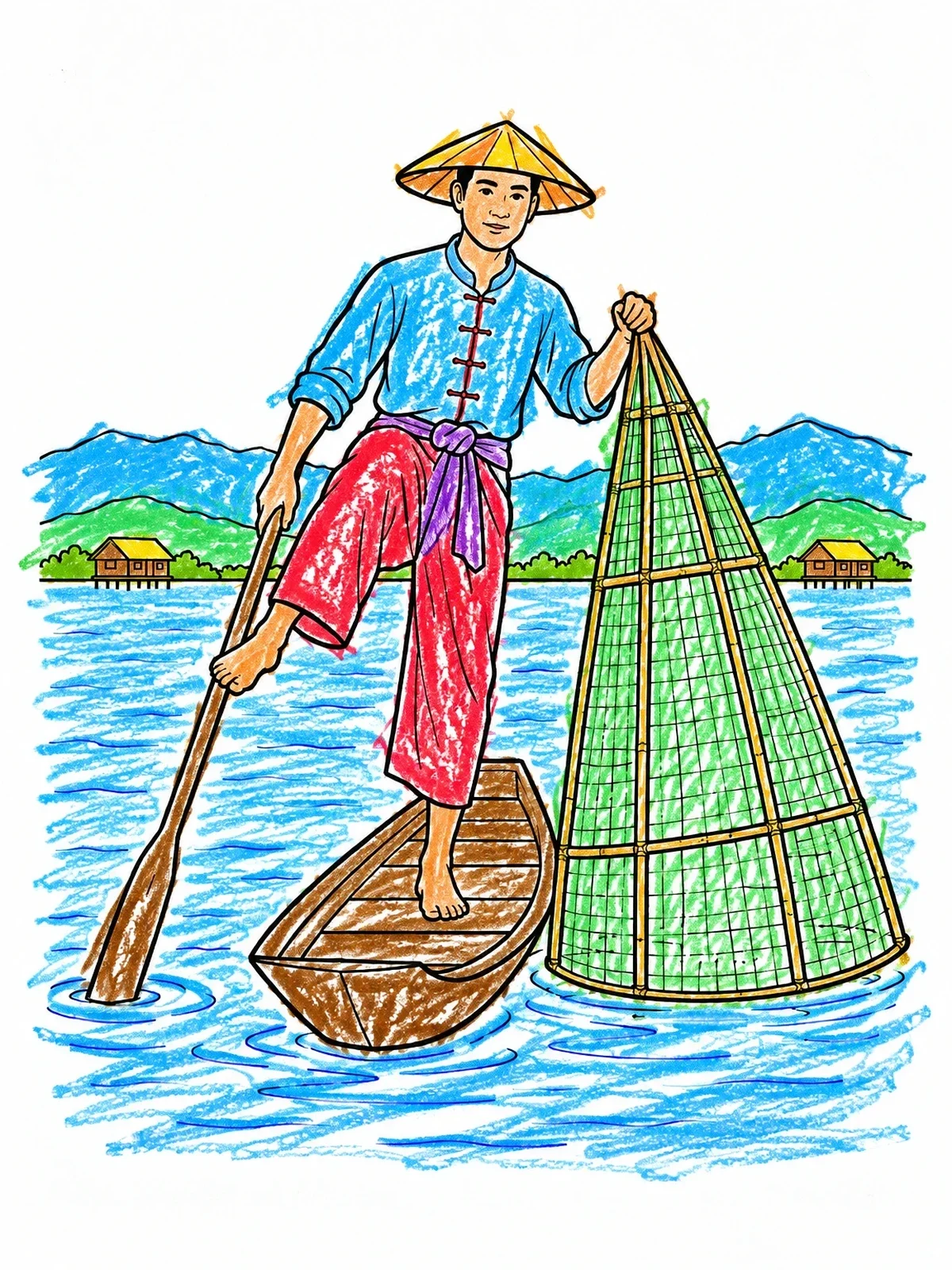 Colored example of the Inle Lake Fisherman With Conical Net coloring page