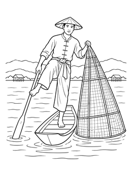 An Intha fisherman on a boat in this myanmar coloring page.