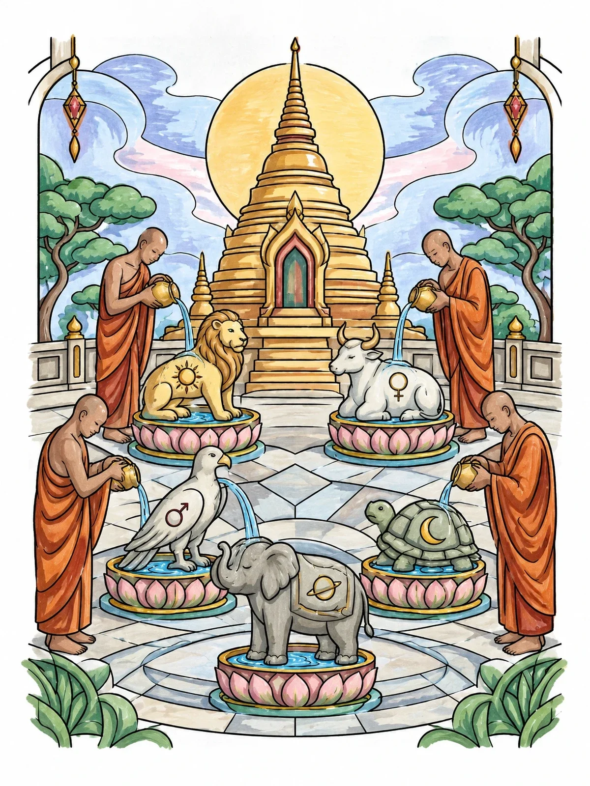Colored example of the Monks And Sacred Planetary Statues At Pagoda coloring page