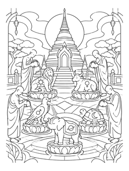 Monks wash sacred animal statues at a temple in this myanmar coloring page.