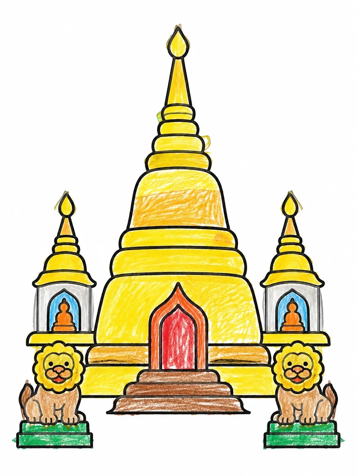 Colored example of the Myanmar Pagoda With Guardian Lions coloring page