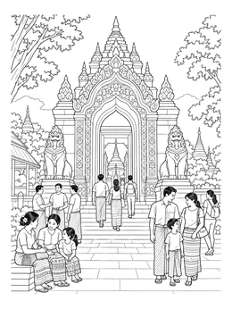 Families visit an ornate pagoda gate in this detailed myanmar coloring page.