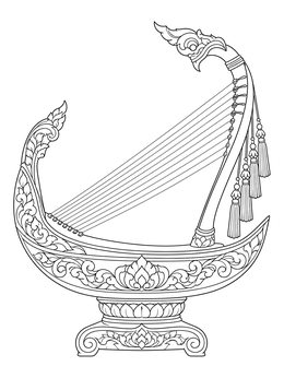 An ornate traditional saung gauk harp featured in this detailed Myanmar coloring page.