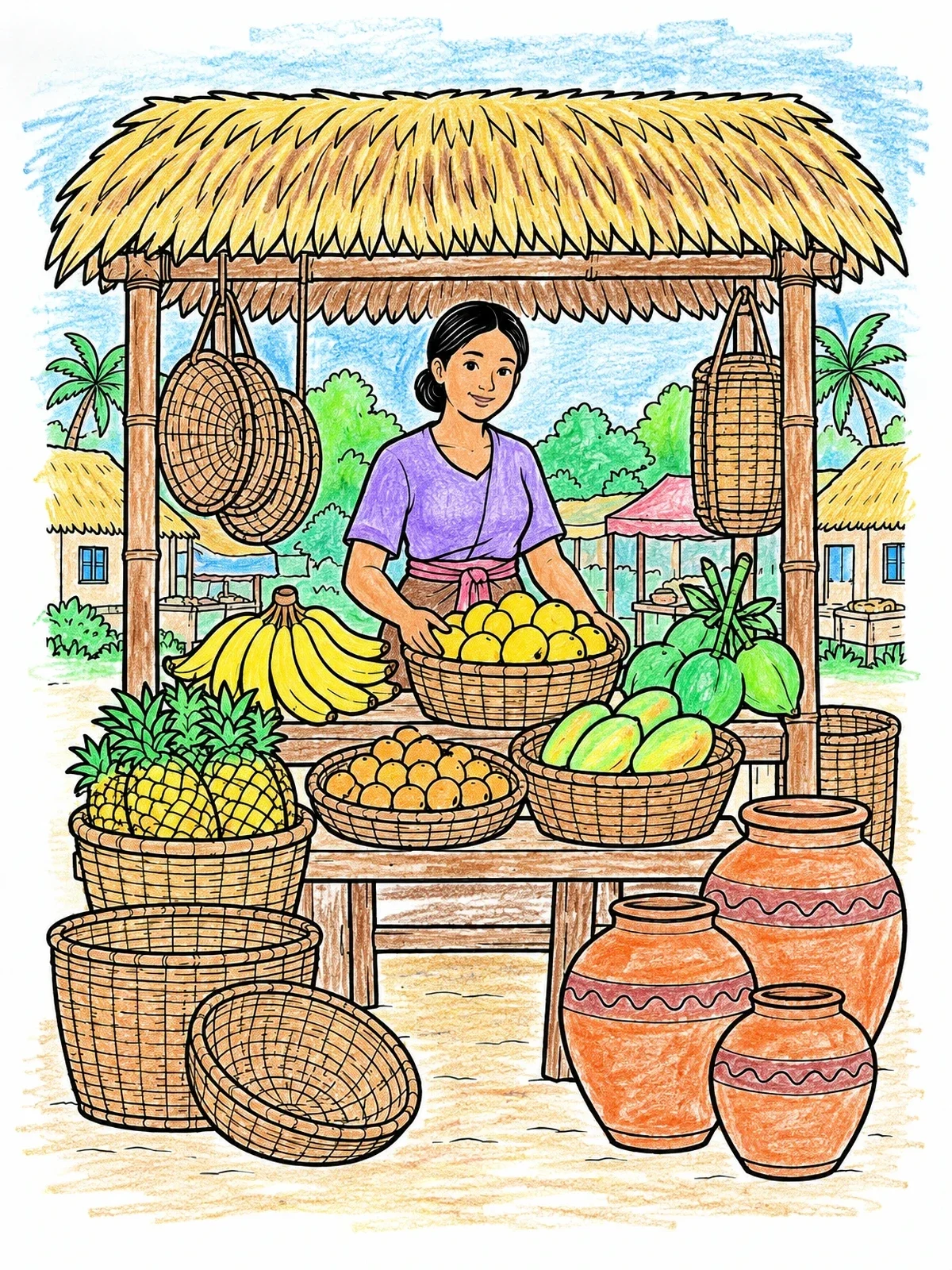 Colored example of the Village Market Fruit Stall coloring page
