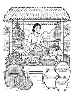 A woman selling fresh tropical fruits in this detailed myanmar coloring page.
