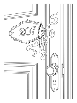 Free printable Mysterious Hotel Door With Smoke coloring page