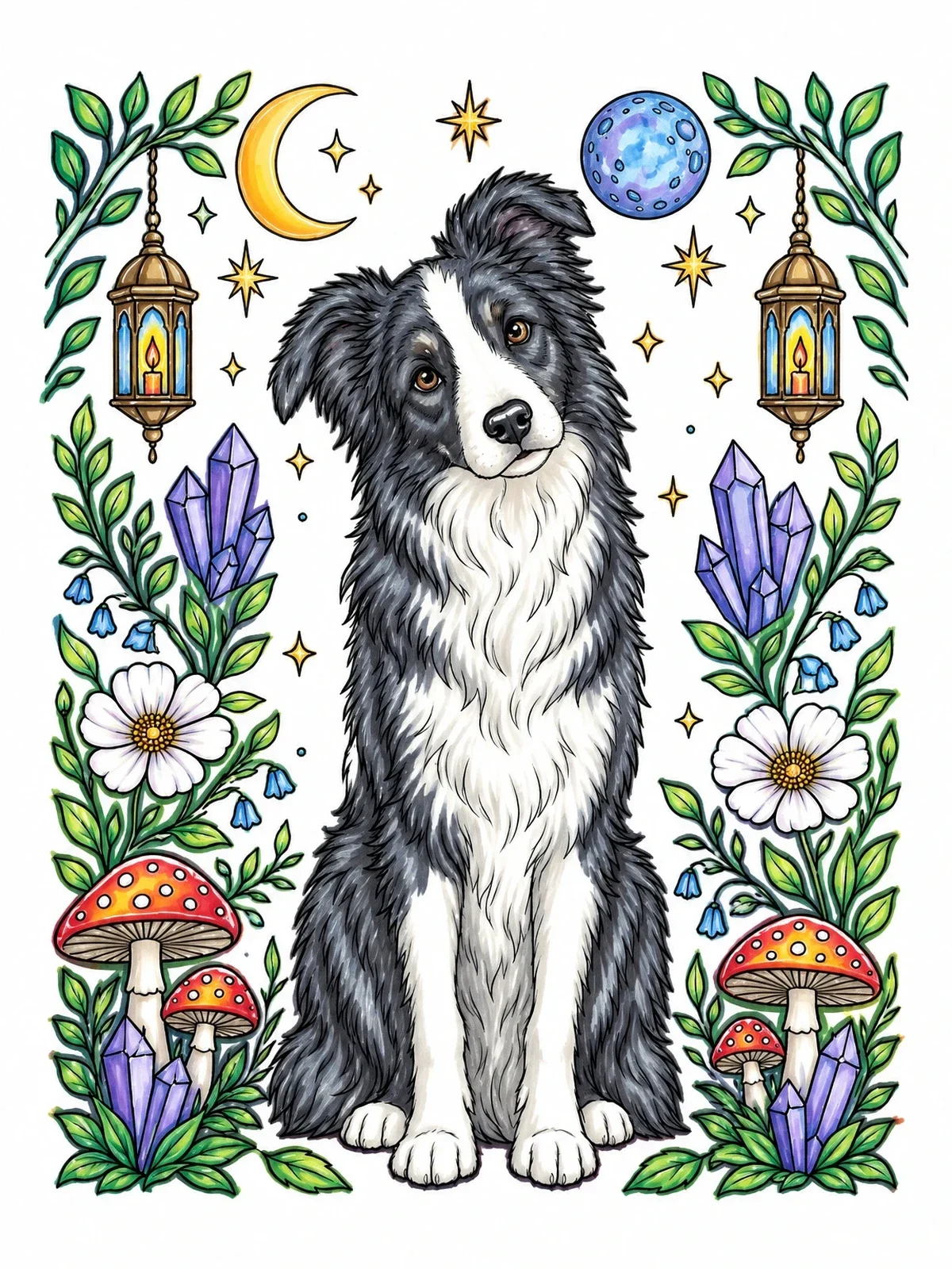 Colored example of the Mystical Border Collie In Nature coloring page