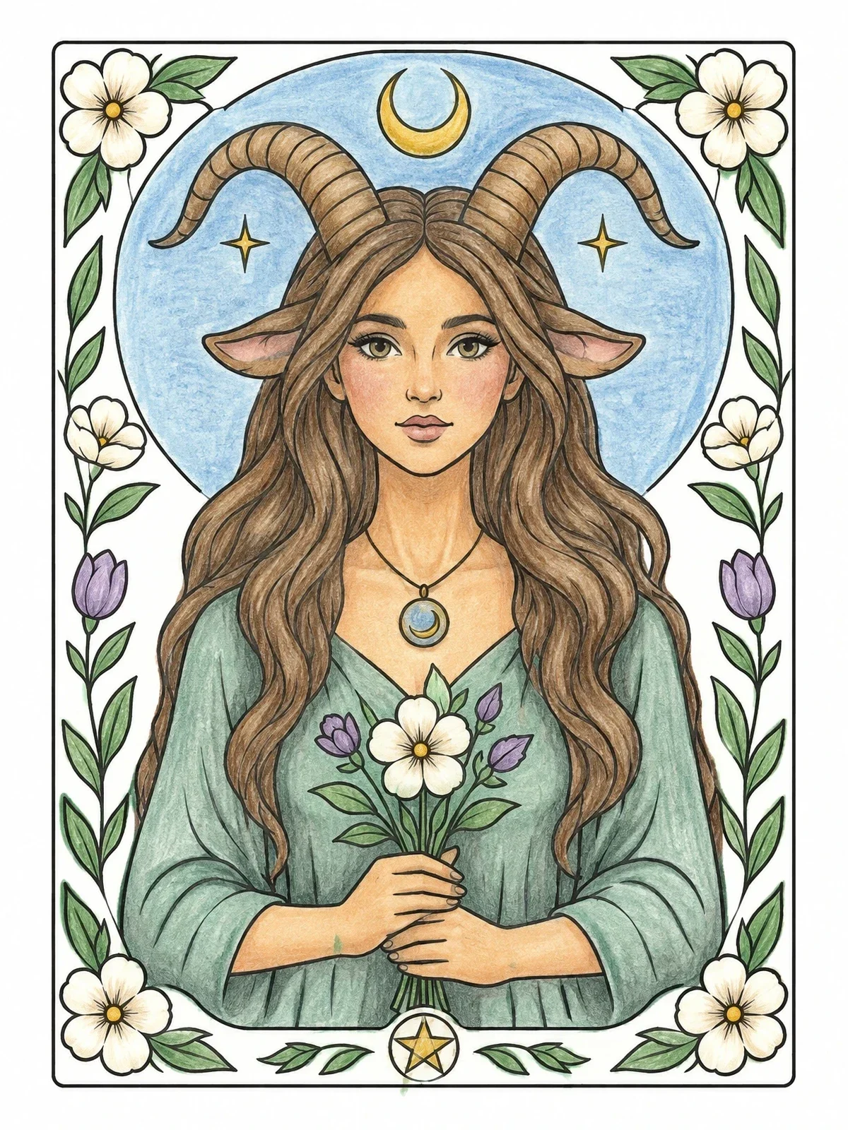 Colored example of the Mystical Capricorn Maiden With Floral Frame coloring page