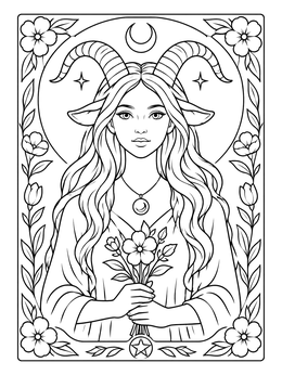 Free printable Mystical Capricorn Maiden With Floral Frame coloring page